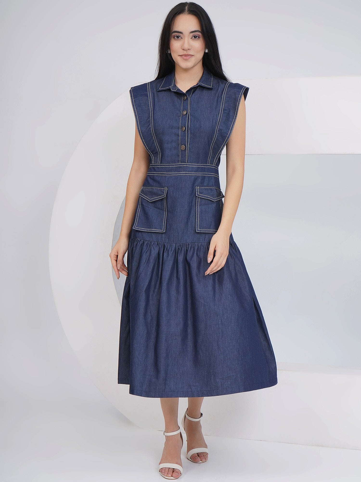 Ethnic Blue Denim Midi Party Wear Dress