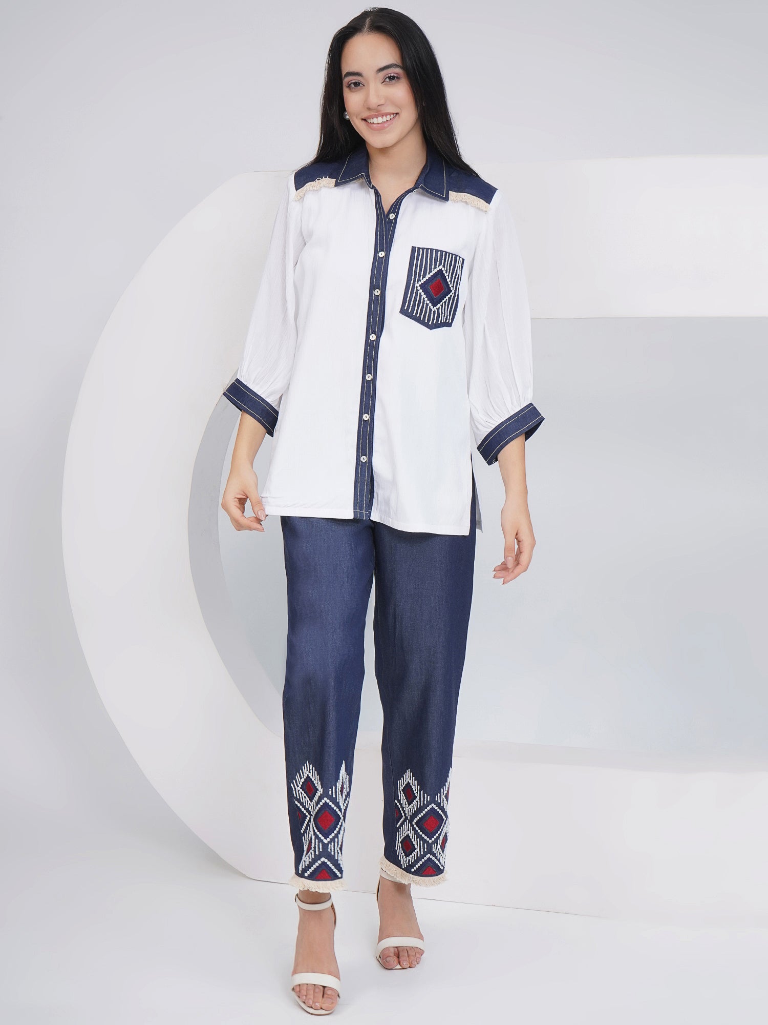 Ethnic White White Embellished shirt with Embellished Pants