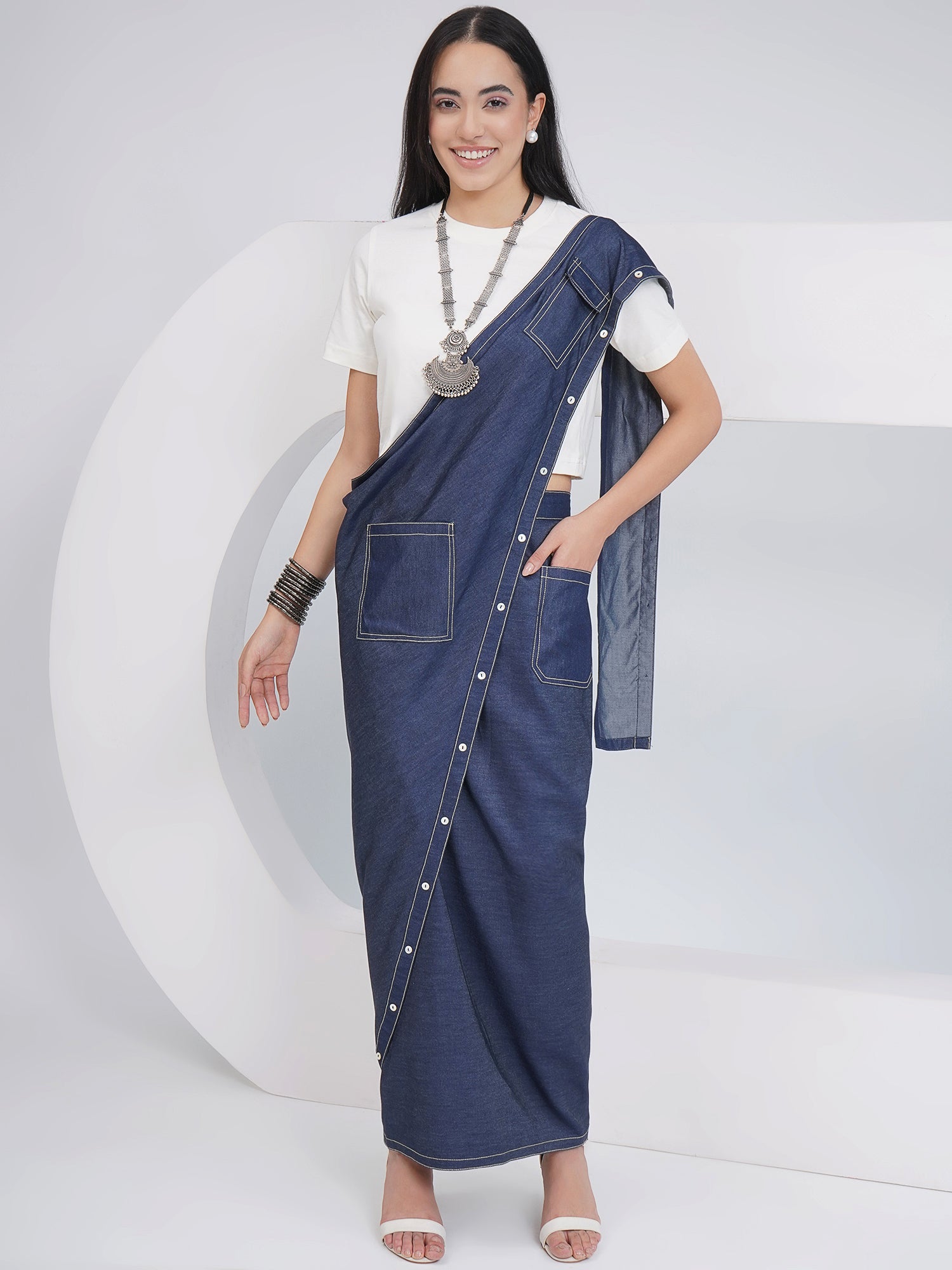 Ethnic Off White Denim Skirt Drape with Top