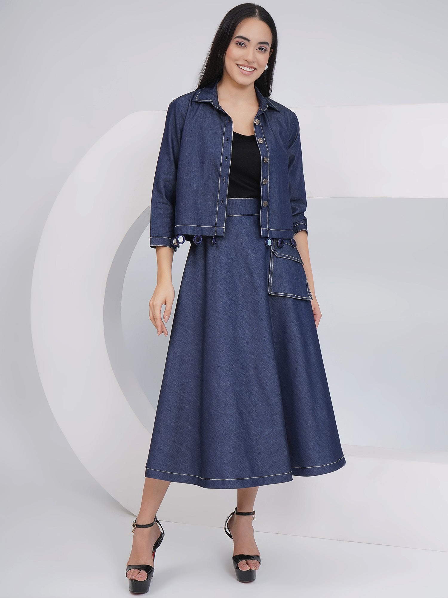 Ethnic Black Denim A Line skirt with Inner and Jacket