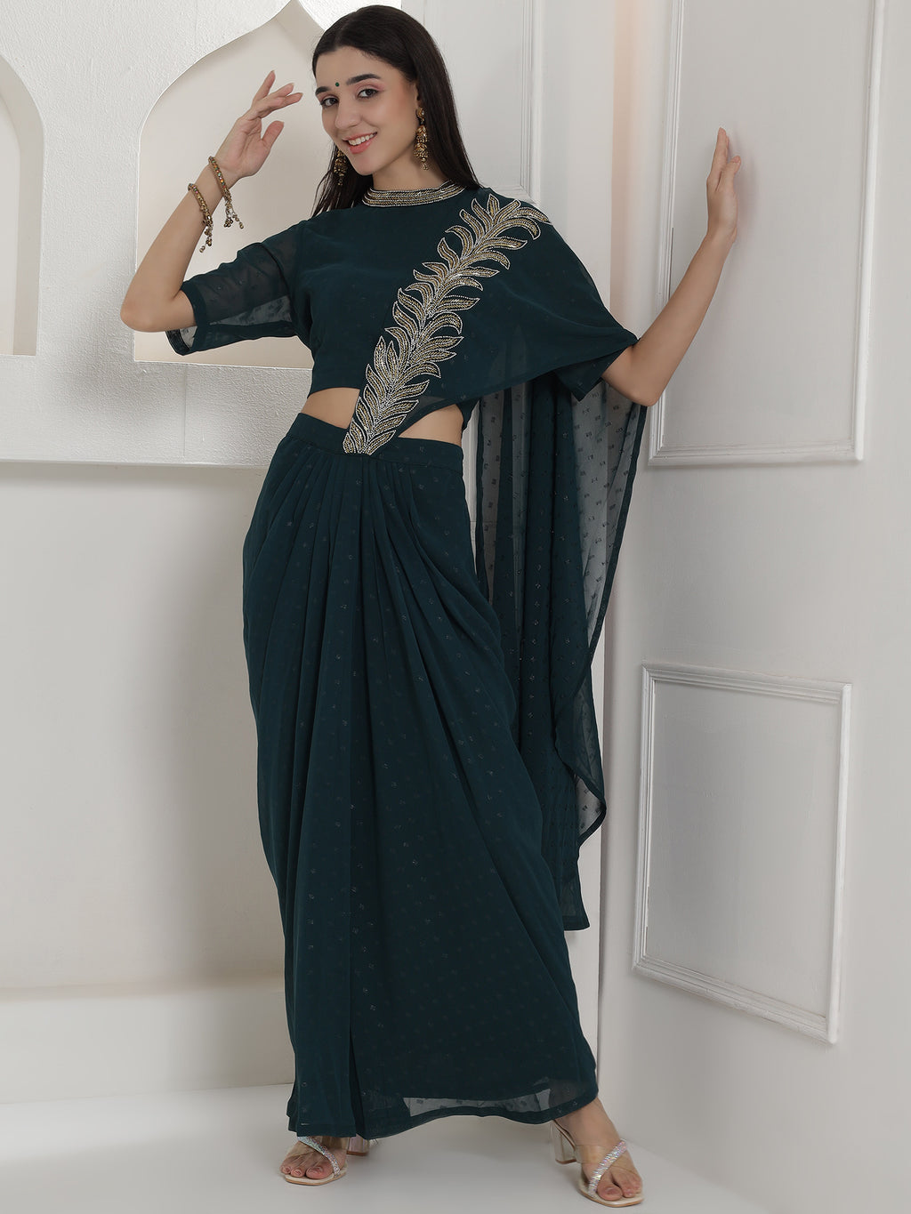 Green Georgette Drape Skirt Set