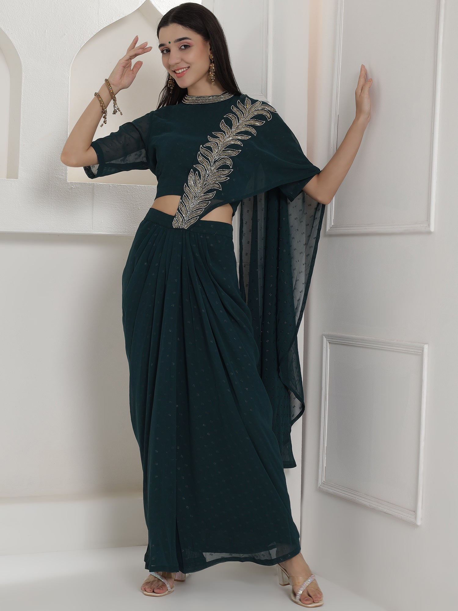 Green Georgette Drape Skirt Set
