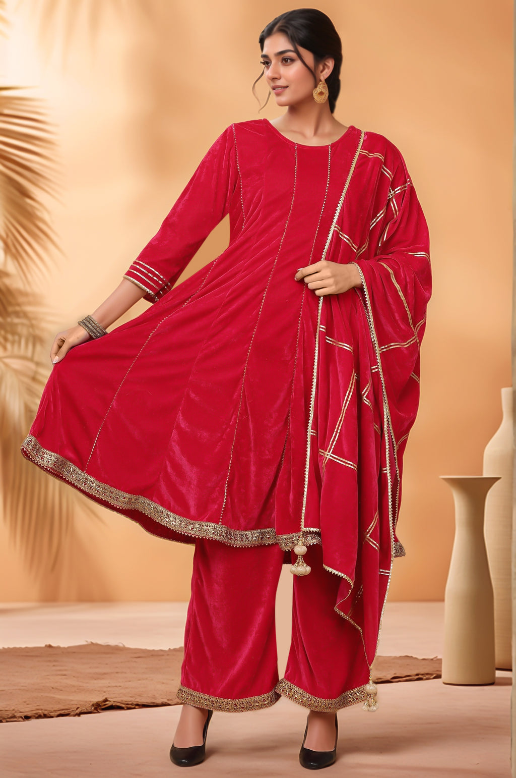 Women Pink Velvet Kurta set
