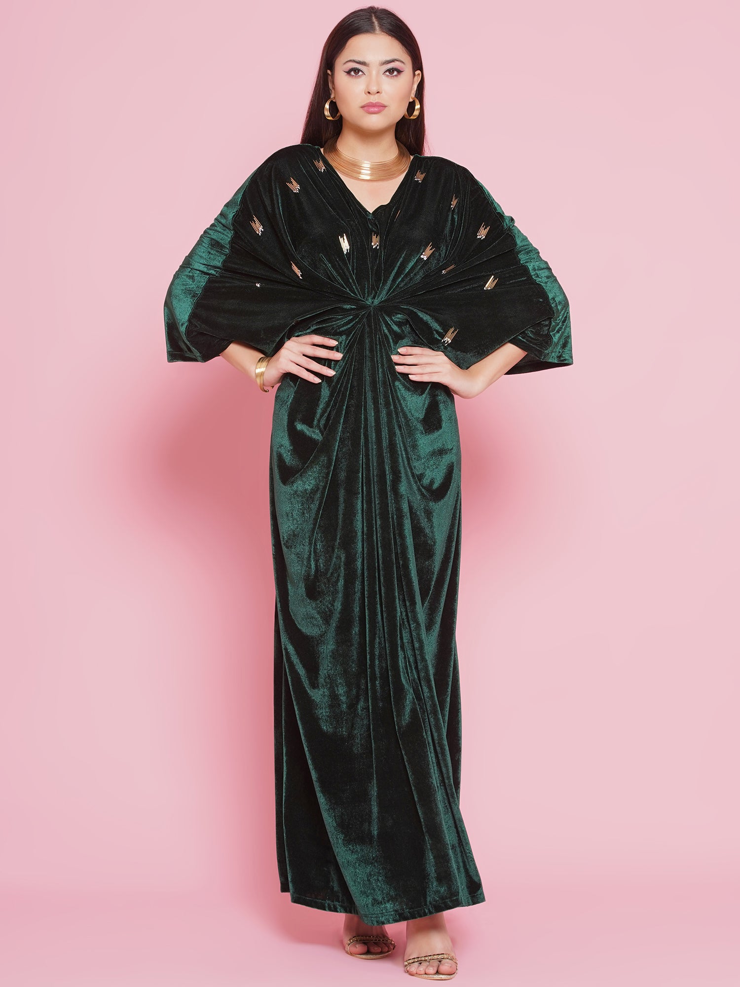 Women Green Velvet Hand Embellished Gown