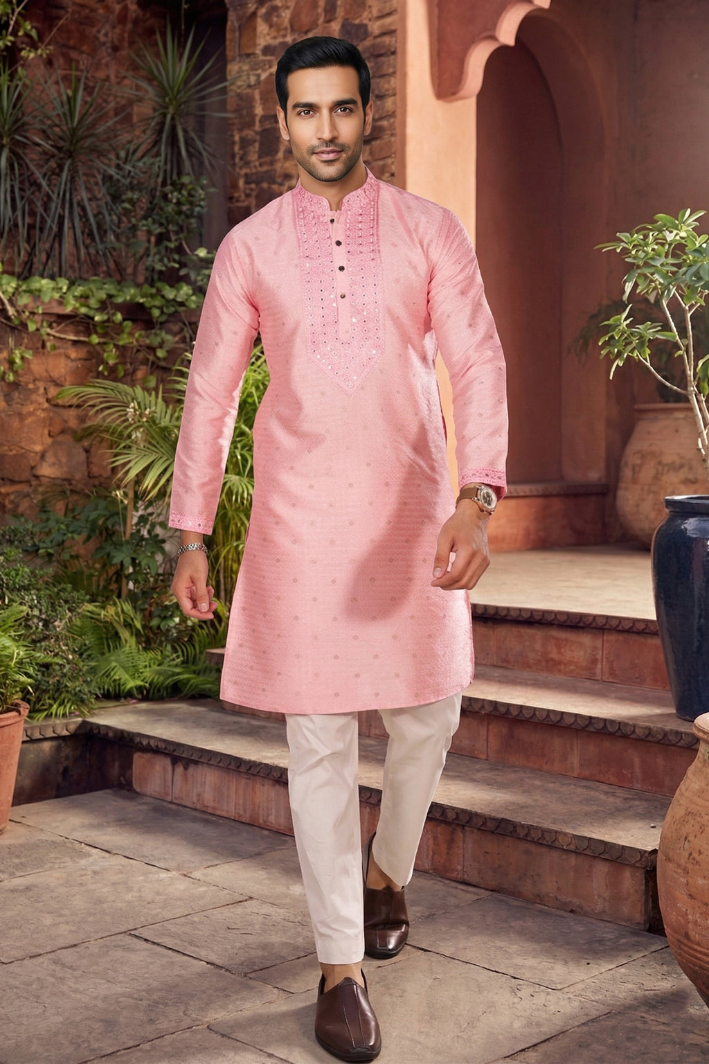 Men's Jacquard Silk Cream Designer Embroidery Work Kurta with payjama