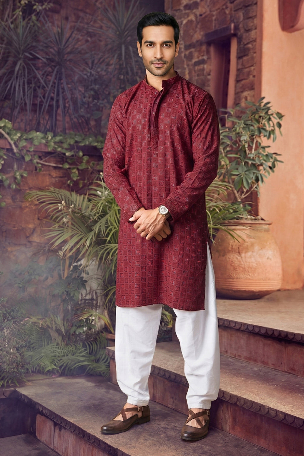 Men's Viscose Rayon Cream Designer Embroidery Work Kurta with payjama