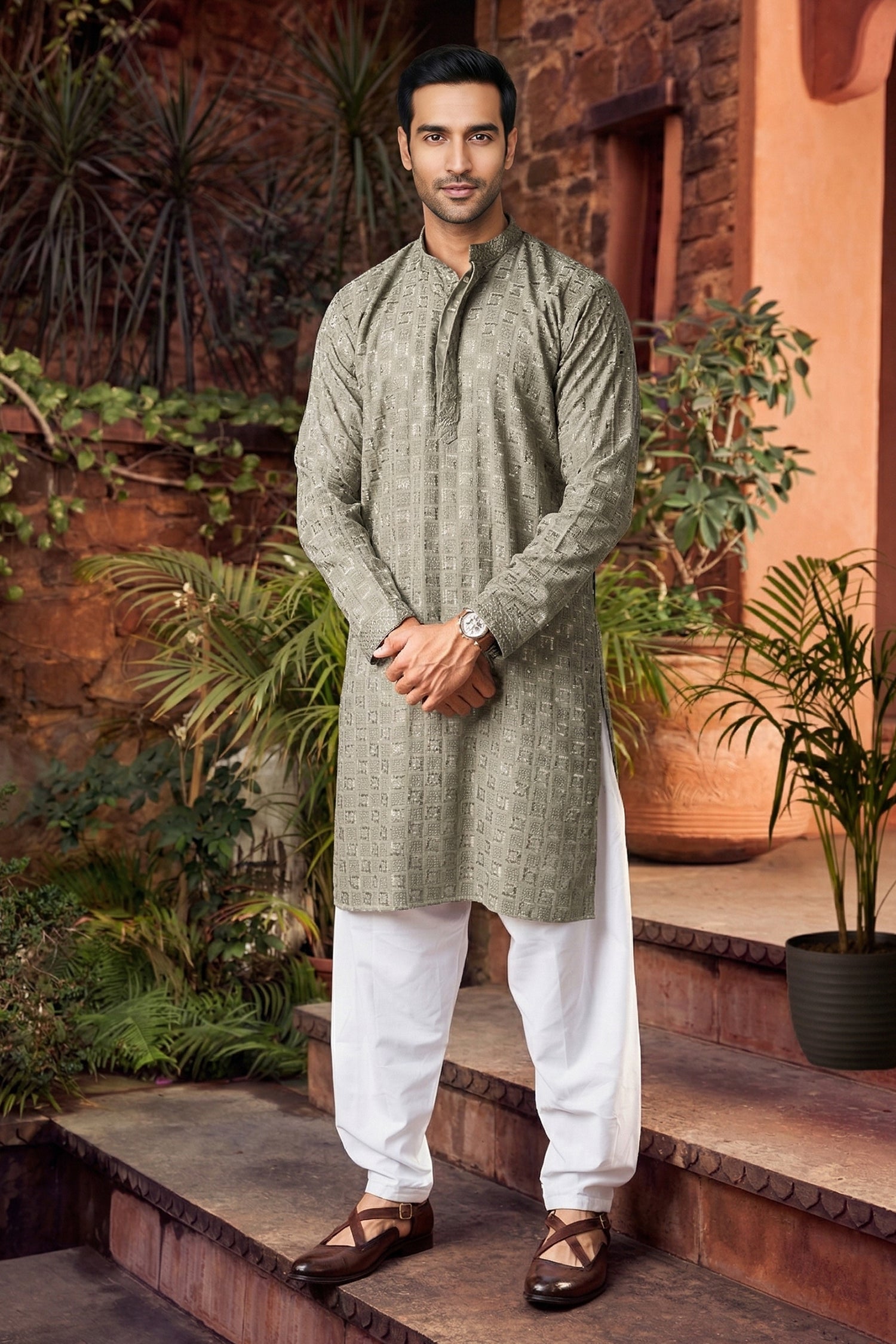 Men's Viscose Rayon Cream Designer Embroidery Work Kurta with payjama