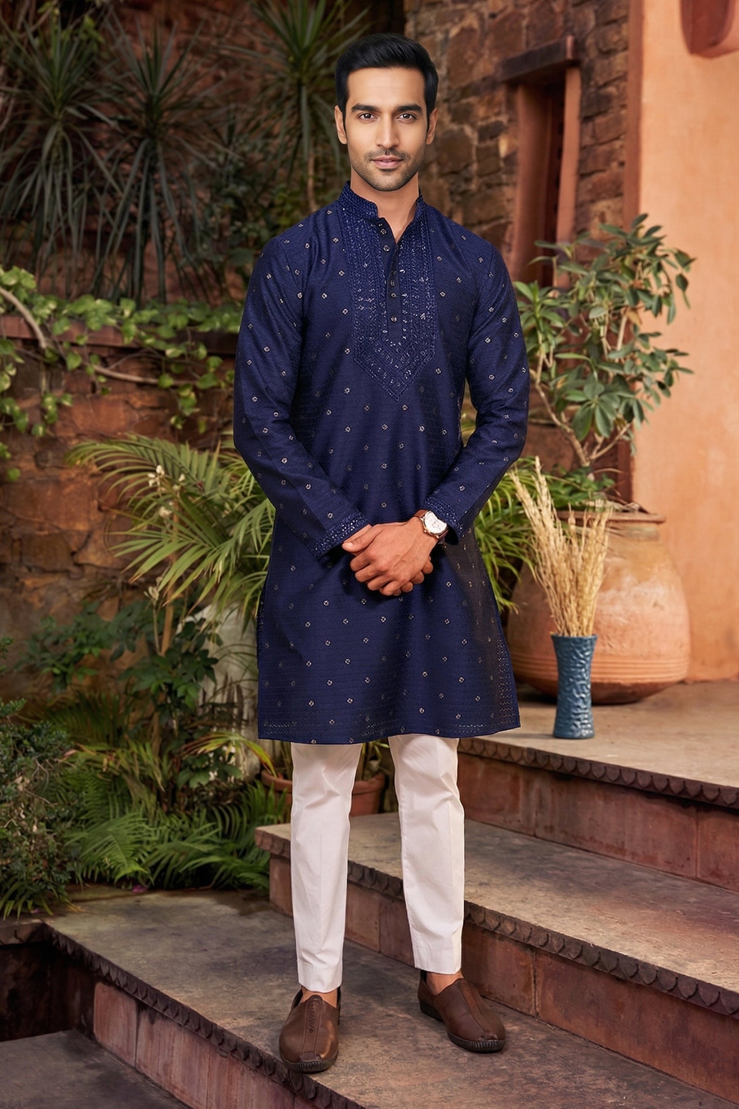 Men's Jacquard Silk Cream Designer Embroidery Work Kurta with payjama