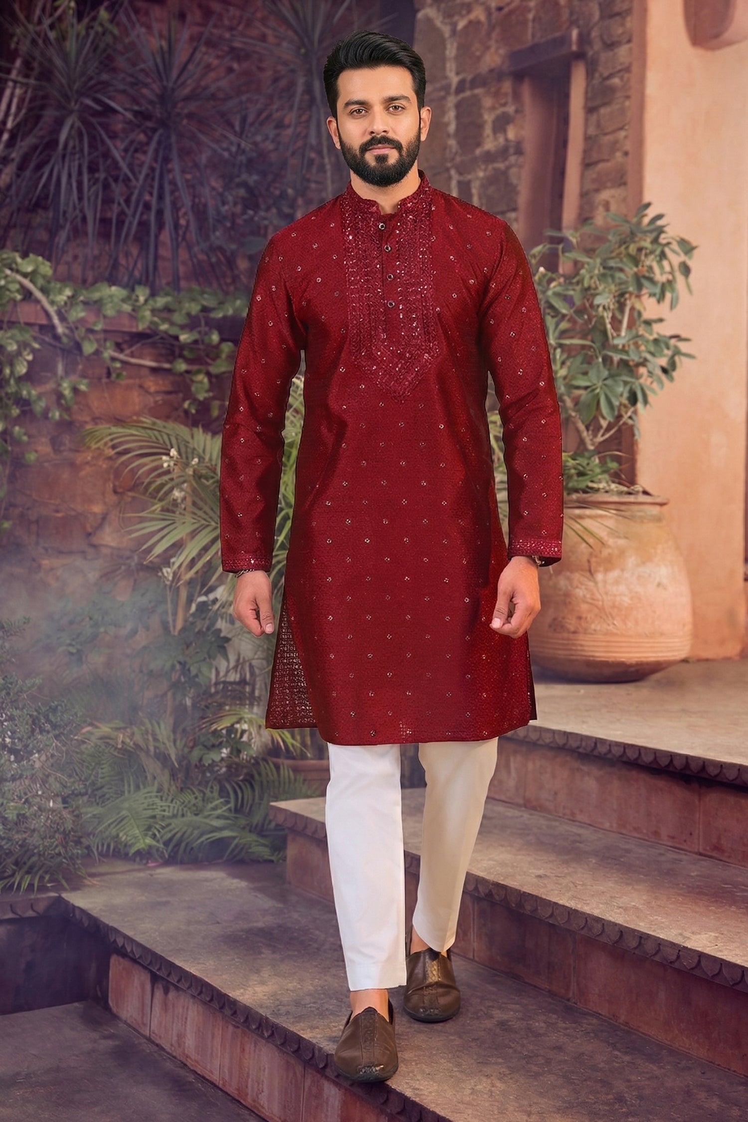 Men's Jacquard Silk Cream Designer Embroidery Work Kurta with payjama