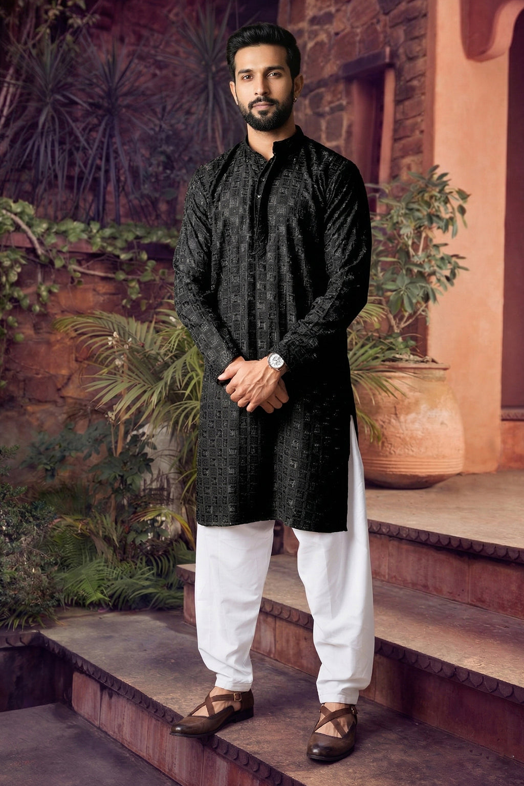 Men's Viscose Rayon Cream Designer Embroidery Work Kurta with payjama