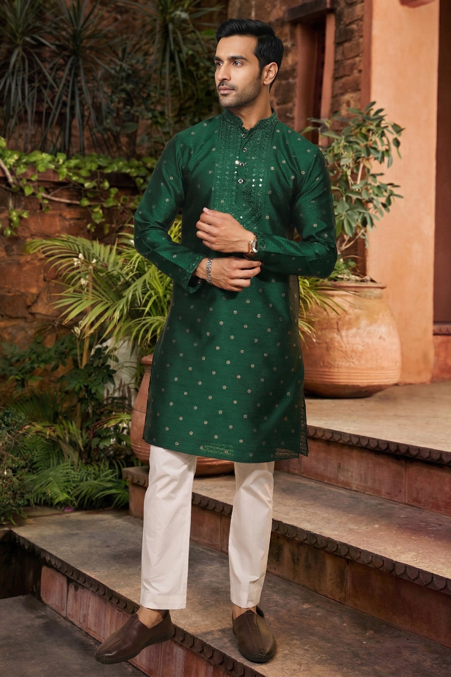 Men's Jacquard Silk Cream Designer Embroidery Work Kurta with payjama