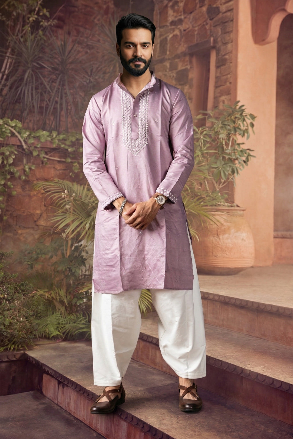 Men's Silk Cream Designer Printed Kurta with payjama