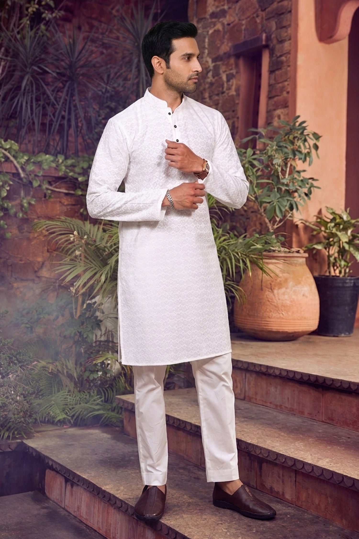 Men's Cotton Cream Designer Embroidery Work Kurta with payjama