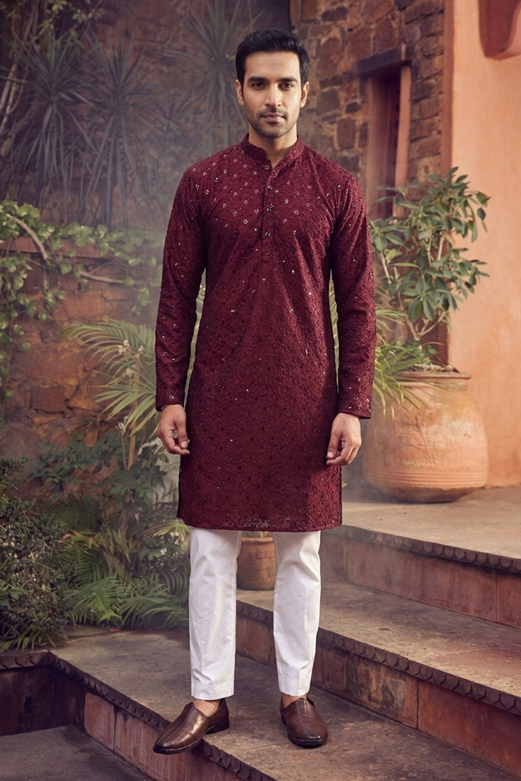 Men's Cotton Cream Designer Embroidery Work Kurta with payjama