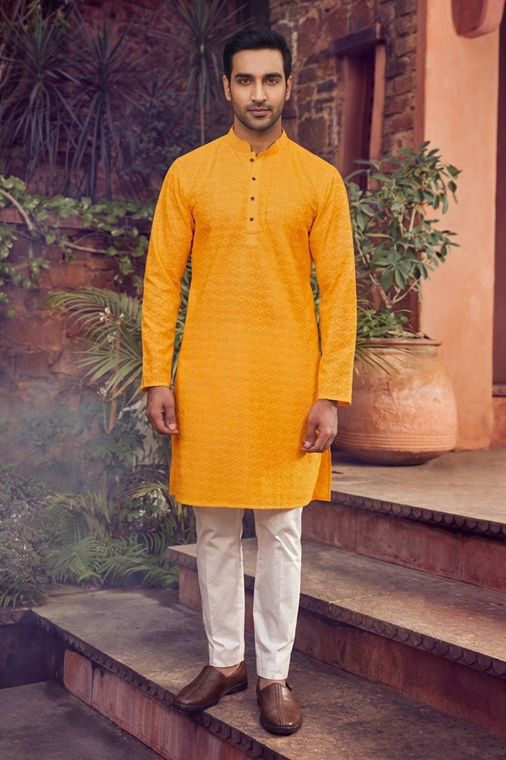 Men's Cotton Cream Designer Embroidery Work Kurta with payjama