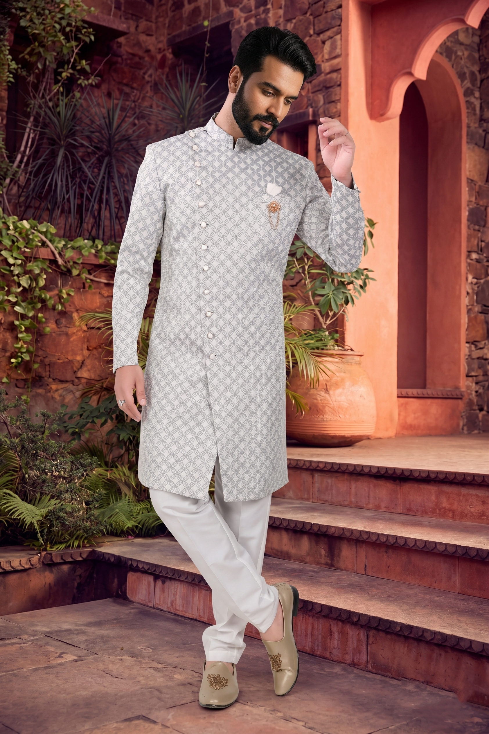 Men's WOVEN JACQUARD GREY  SEMI-INDO-WESTERN