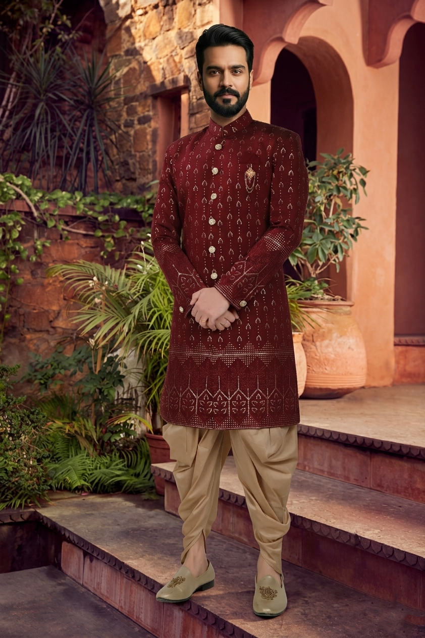 Men's SILK MAROON  SEMI-INDO-WESTERN