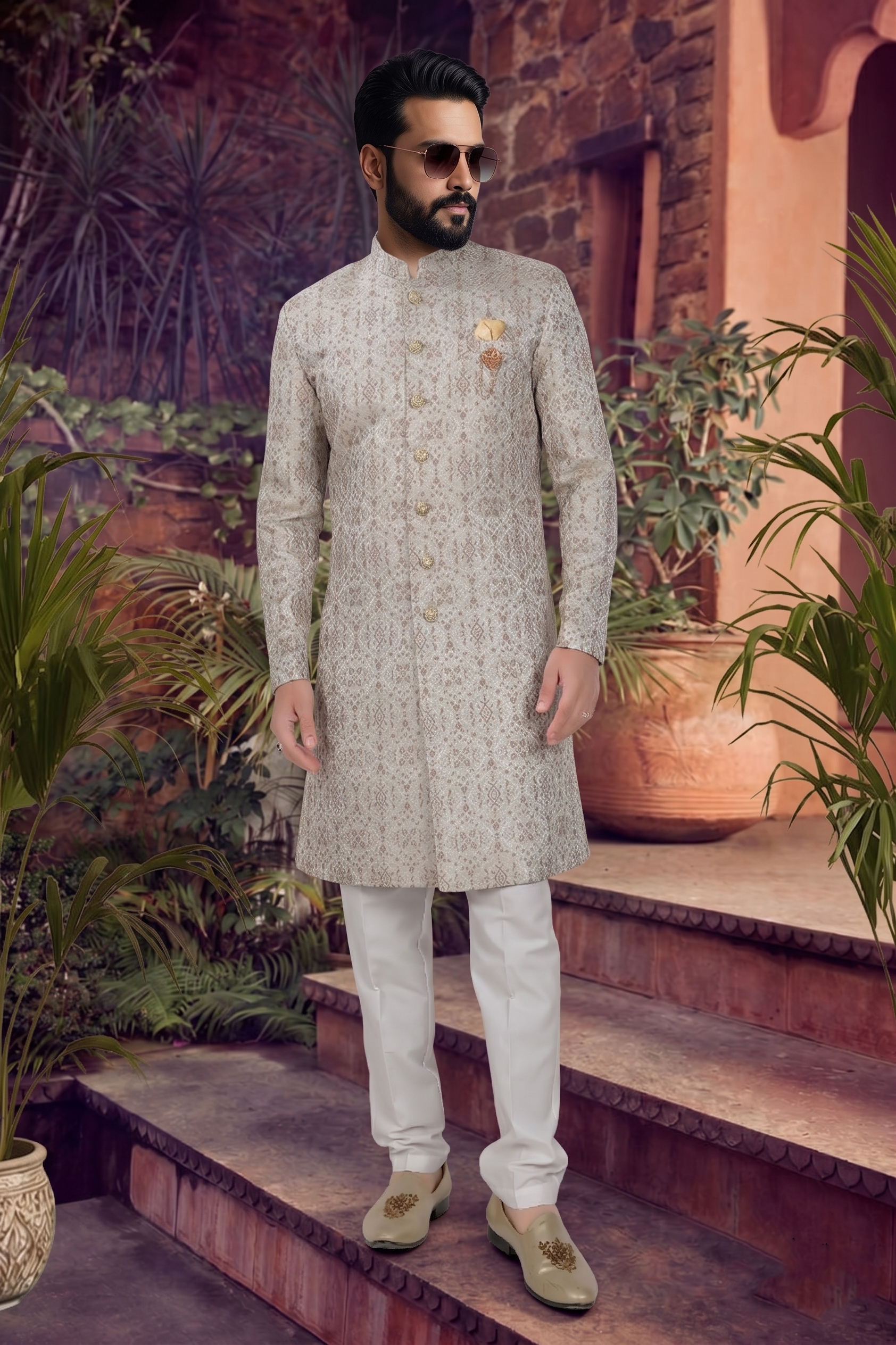 Men's WOVEN JACQUARD BIEGE  SEMI-INDO-WESTERN