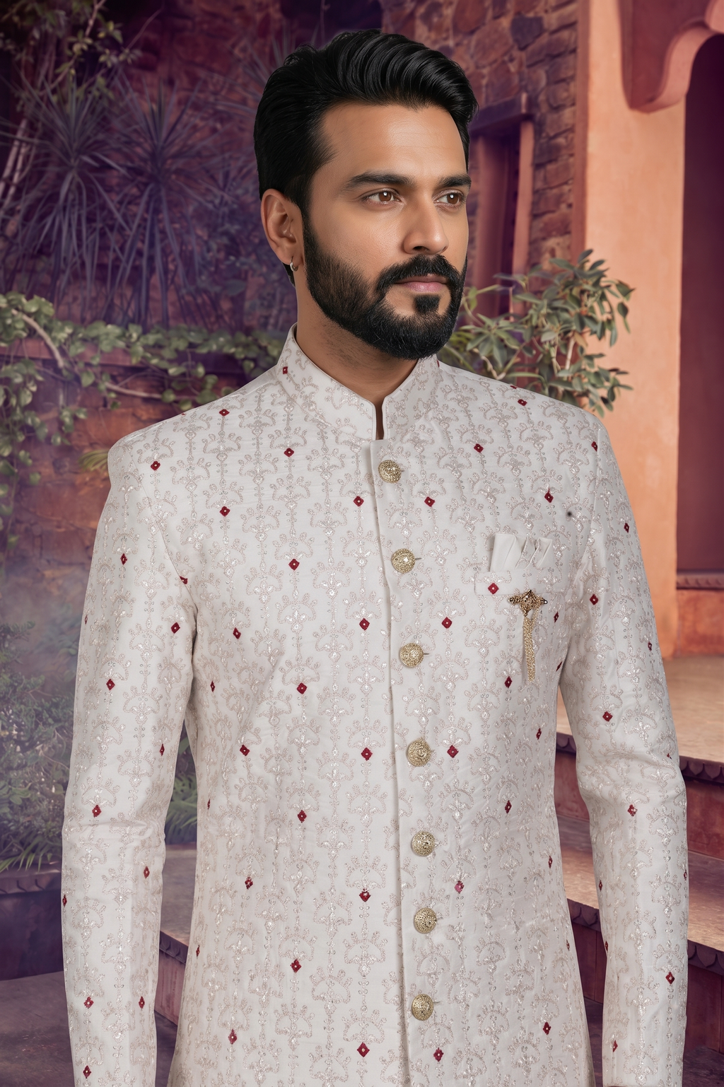 Men's SILK OFF-WHITE(MAROON AND GOLD EMBROIDARY)  SHERWANI