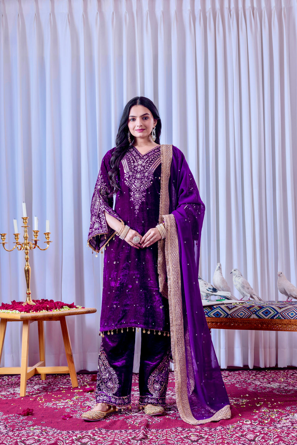 Women Purple Velvet Kurta Set
