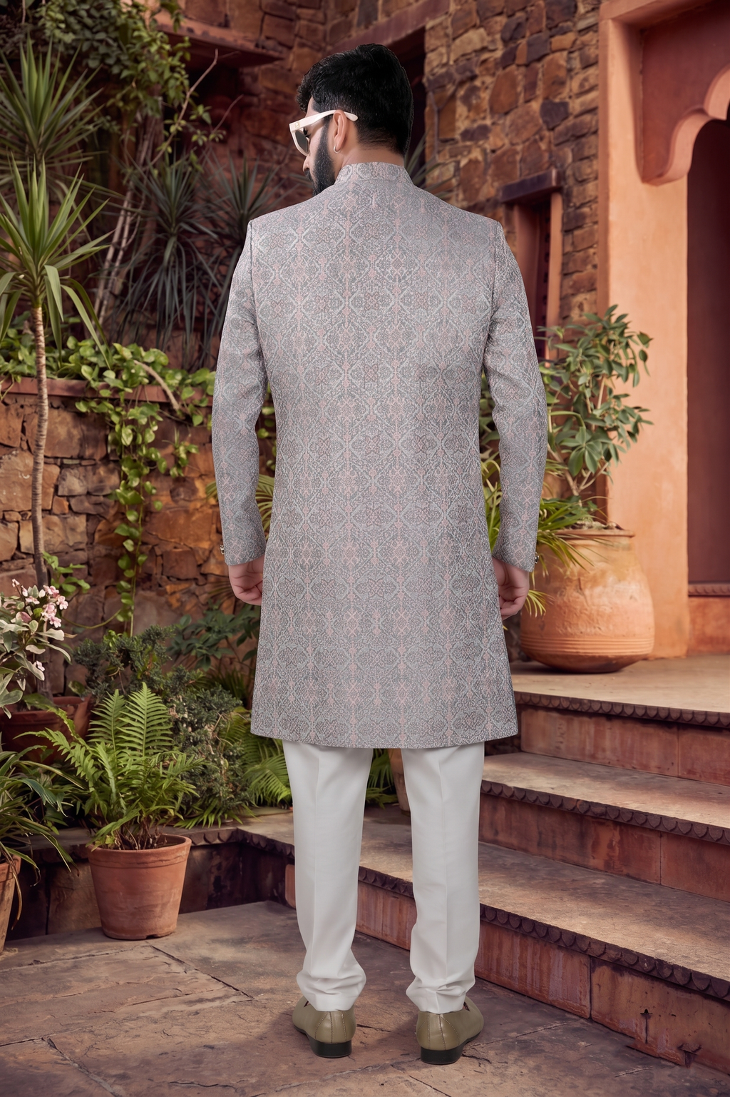 Men's WOVEN JACQUARD GREY  SEMI-INDO-WESTERN