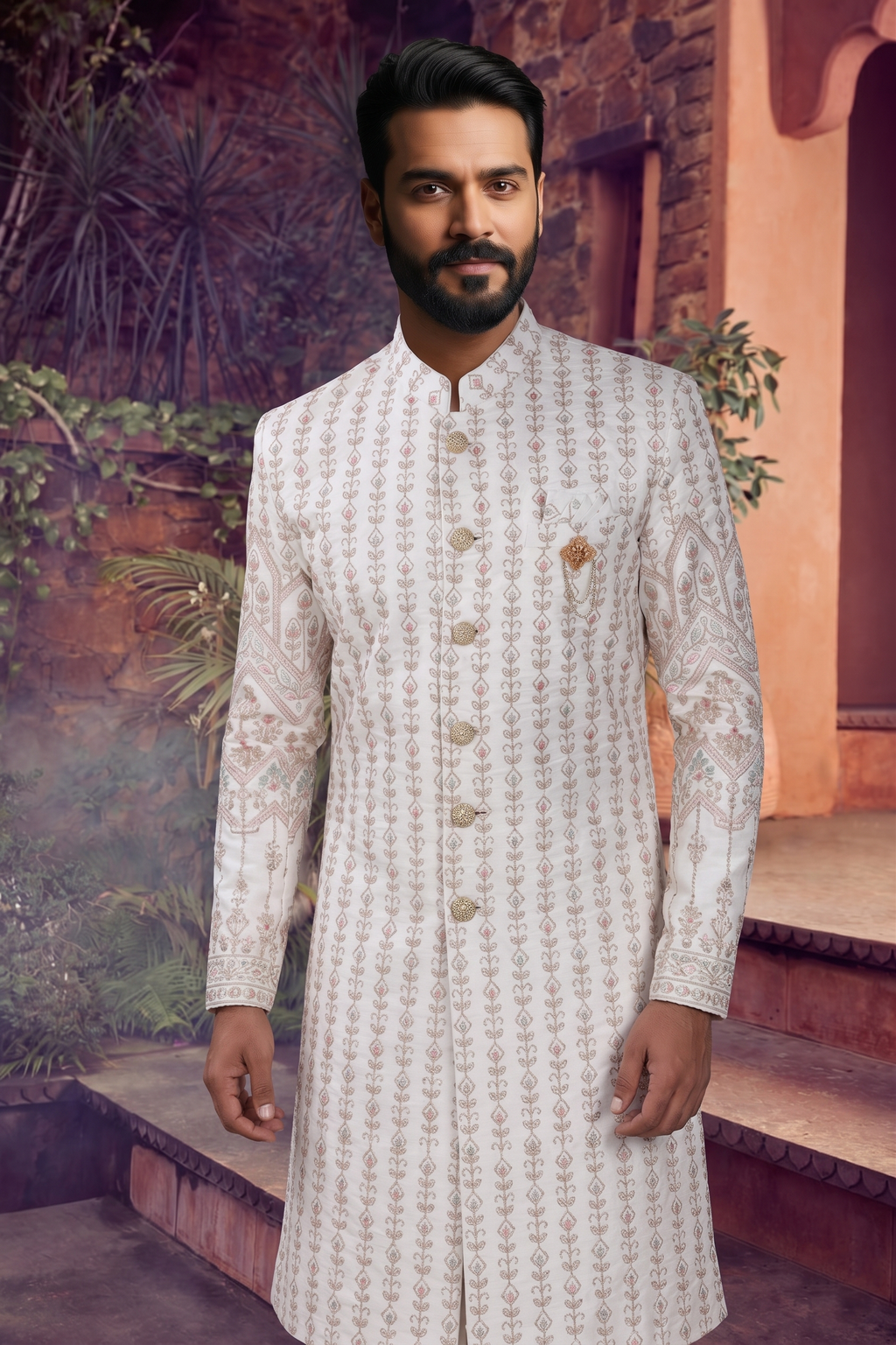 Men's SILK WHITE(MULTI COLOURS EMBROIDARY)  SHERWANI