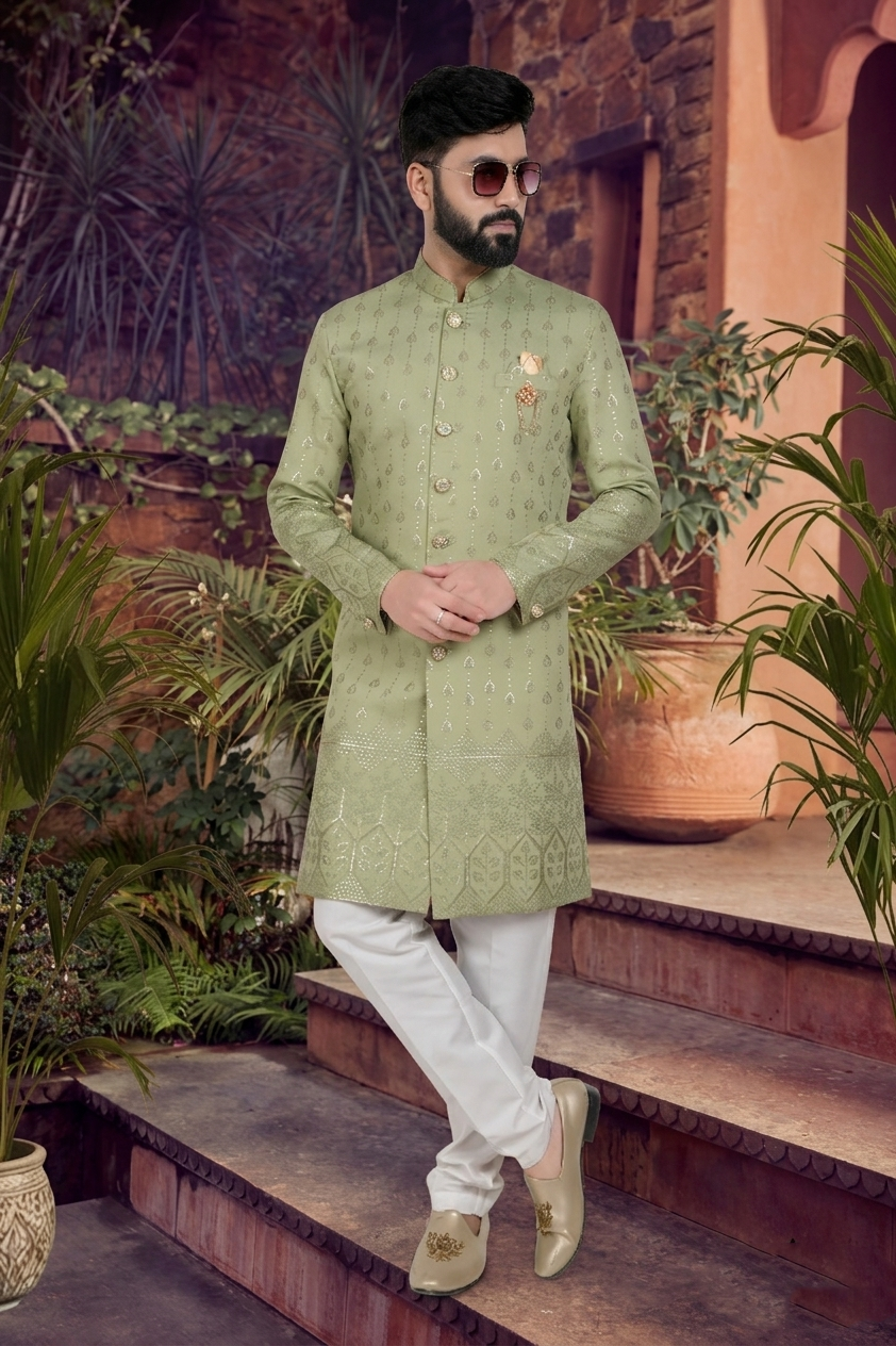 Men's SILK GREEN  SEMI-INDO-WESTERN