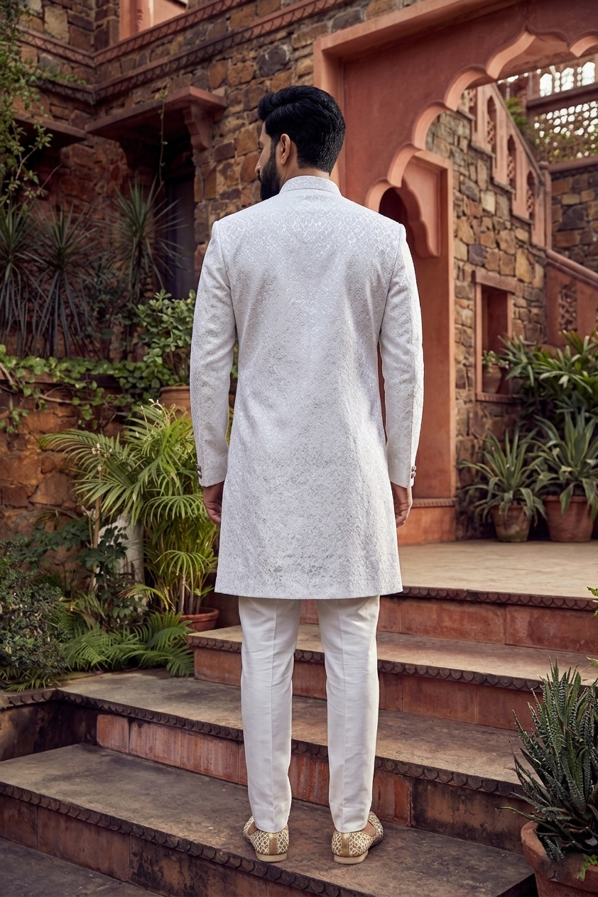Men's WOVEN JACQUARD WHITE  SEMI-INDO-WESTERN