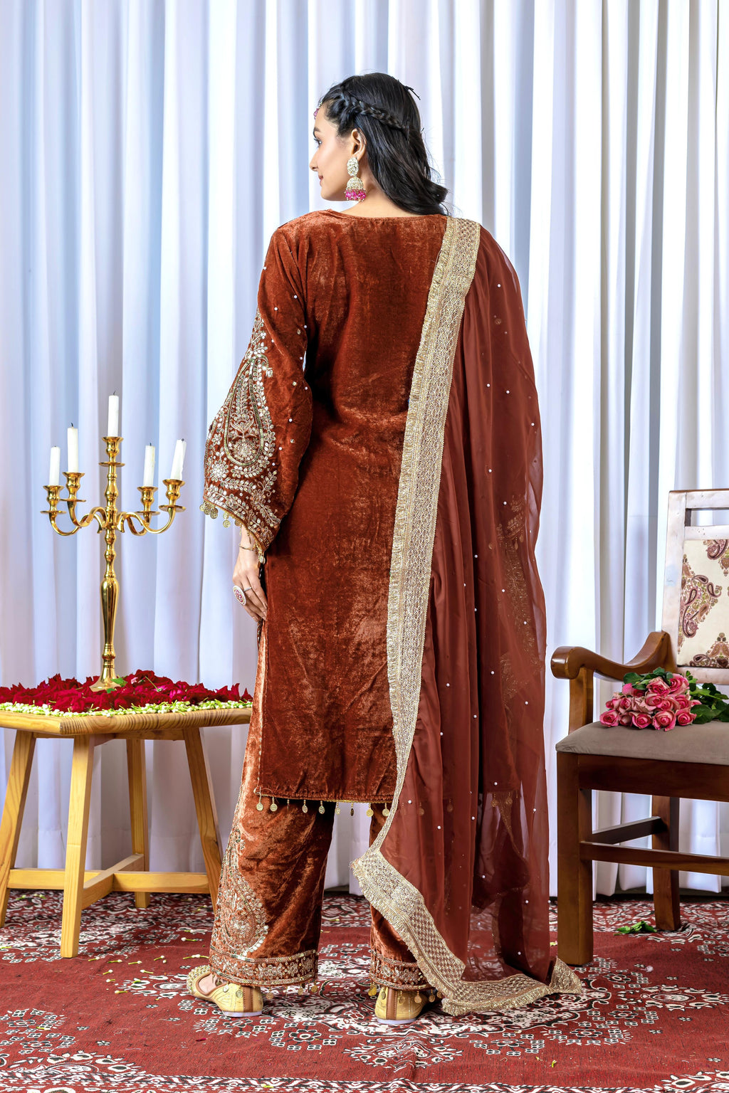 Women Brown Velvet Kurta Set
