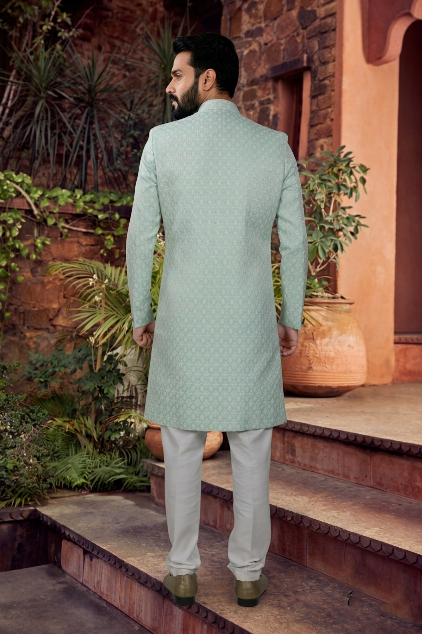 Men's WOVEN JACQUARD GREEN  SEMI-INDO-WESTERN