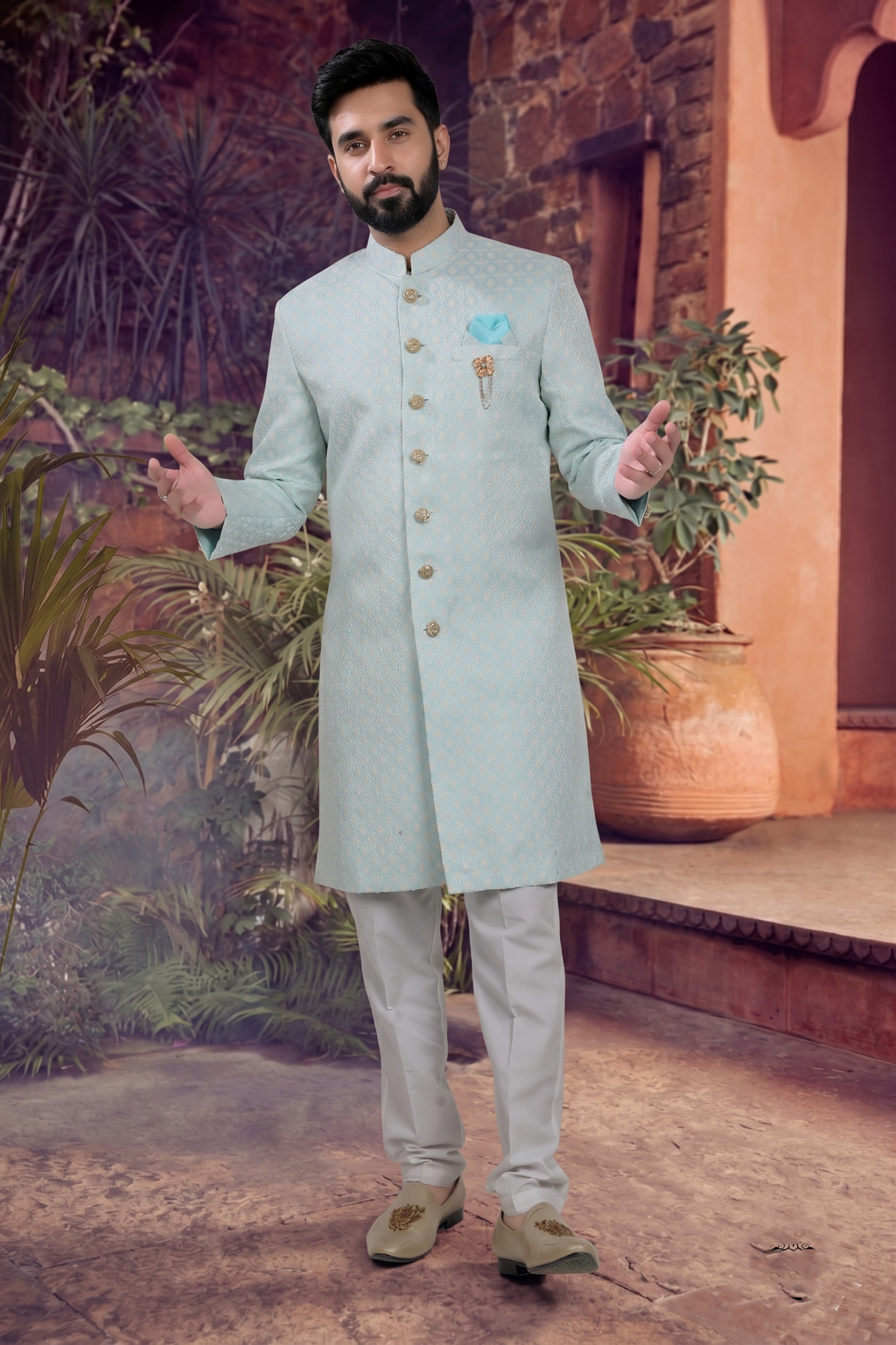 Men's WOVEN JACQUARD BLUE  SEMI-INDO-WESTERN