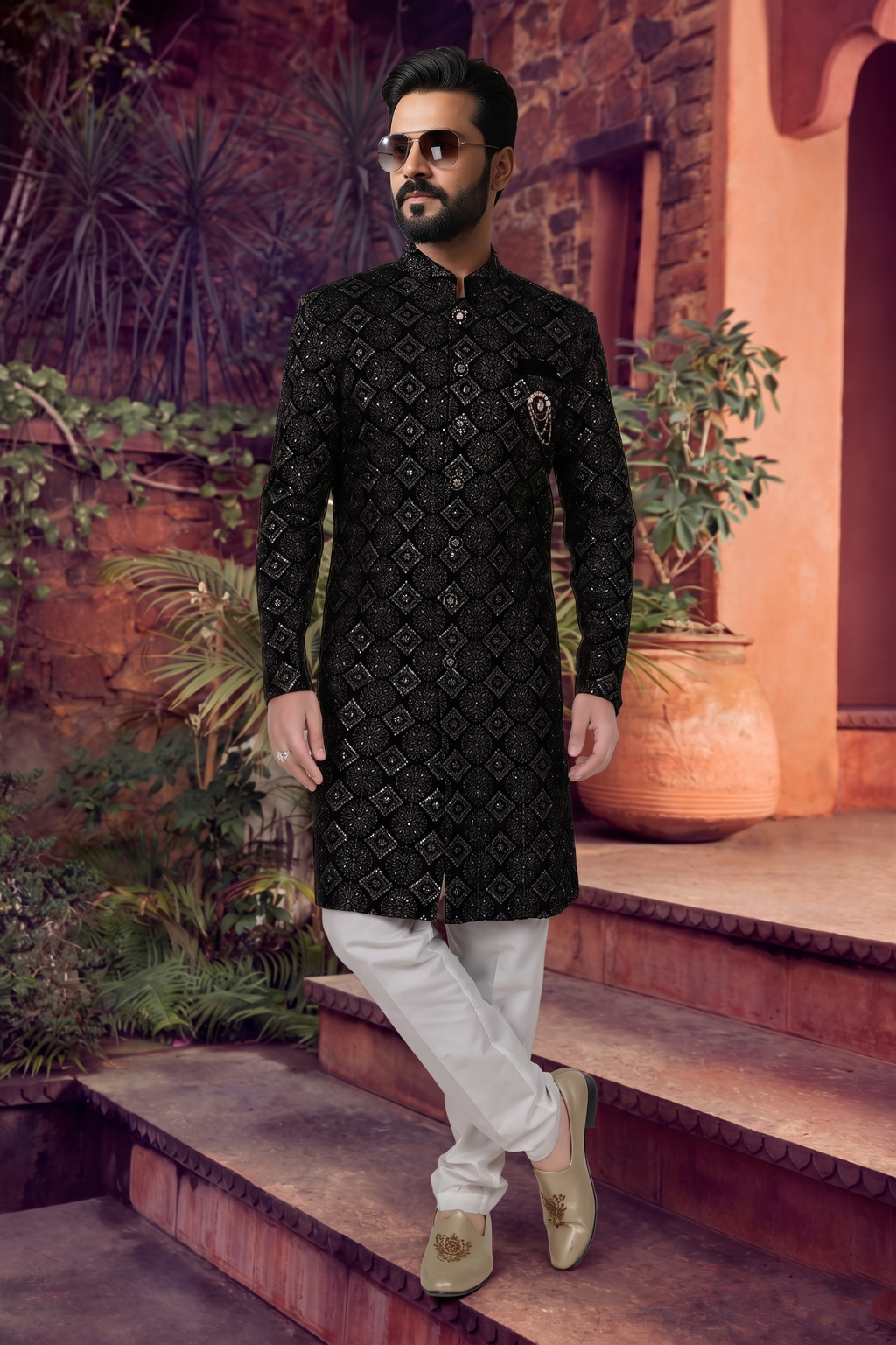 Men's VELVET BLACK  SEMI-INDO-WESTERN