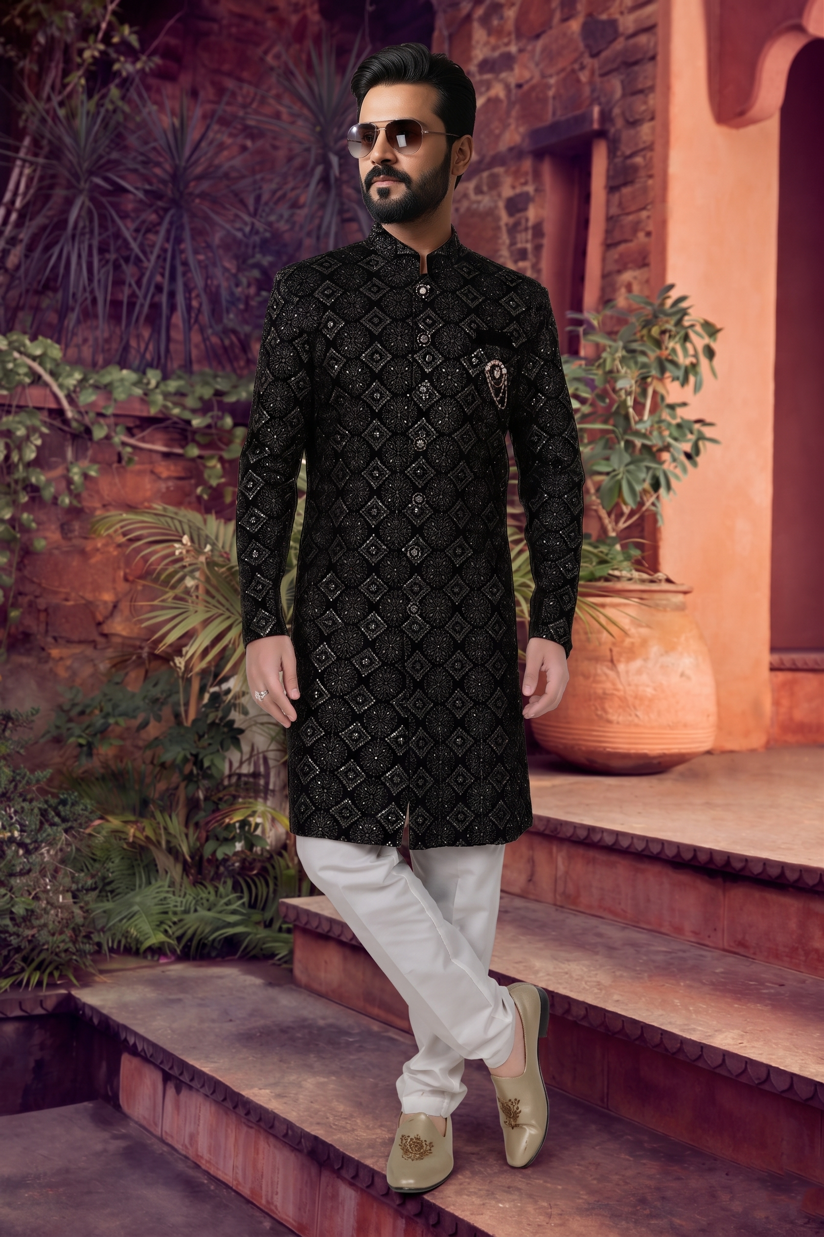 Men's VELVET BLACK  SEMI-INDO-WESTERN