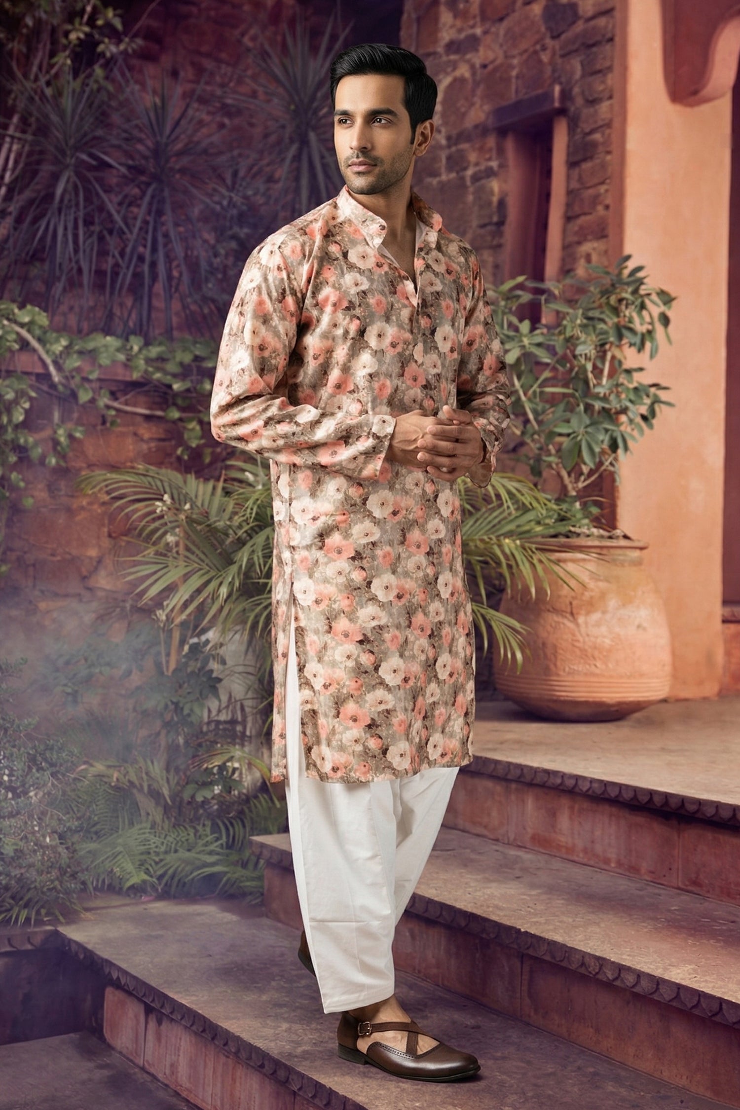 Men's Blended Cotton Cream Designer Printed Kurta with payjama