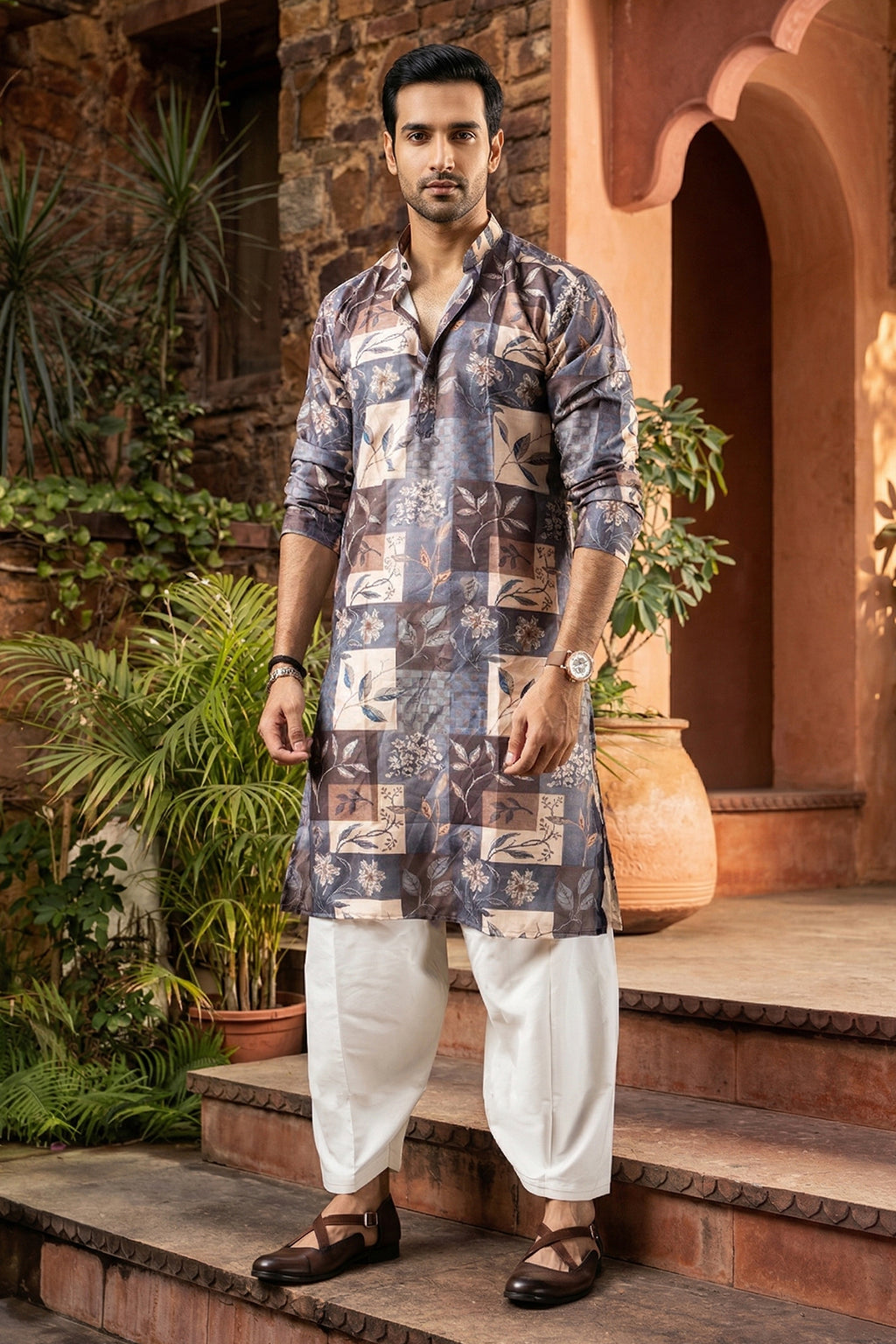 Men's Blended Cotton Cream Designer Printed Kurta with payjama