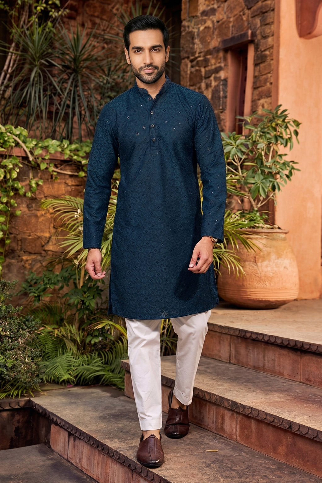Men's Cotton Cream Designer Embroidery Work Kurta with payjama
