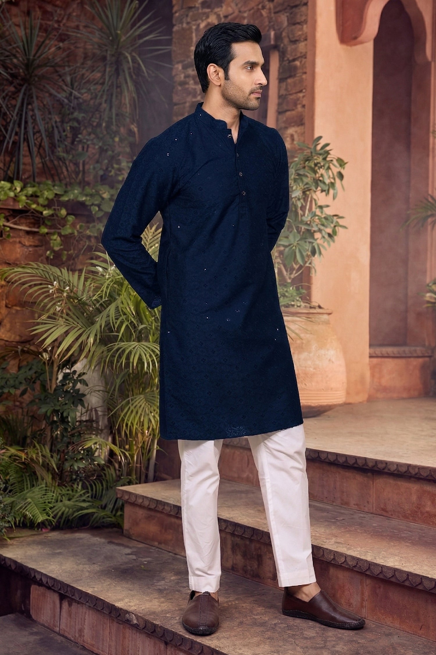 Men's Cotton Cream Designer Embroidery Work Kurta with payjama