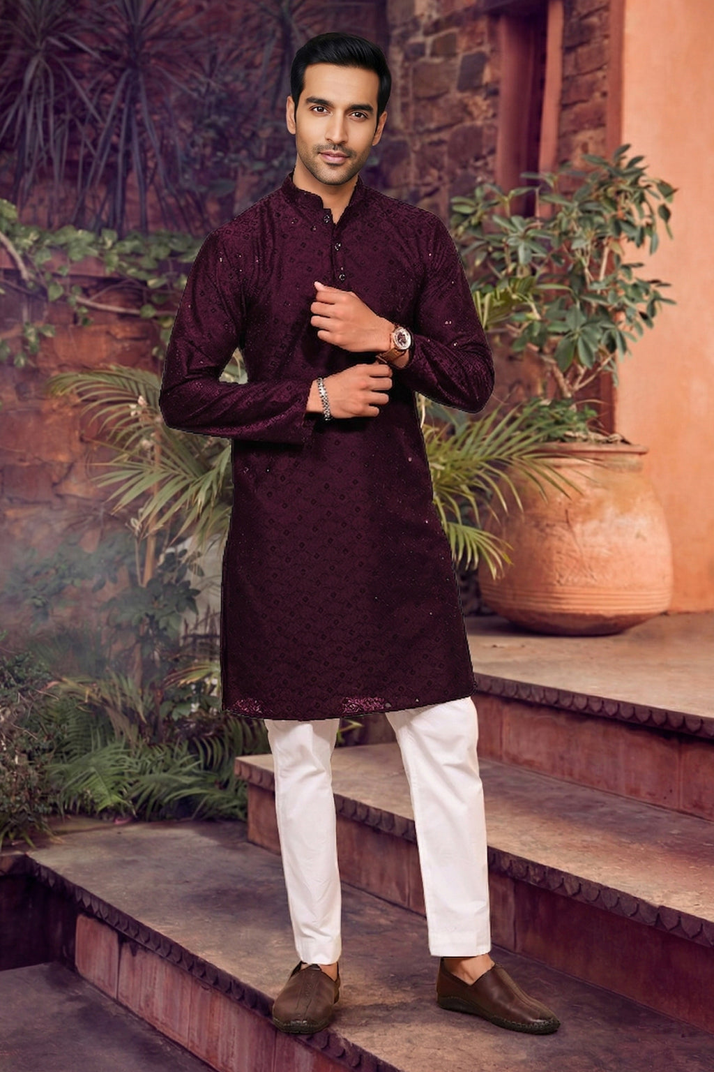 Men's Cotton Cream Designer Embroidery Work Kurta with payjama