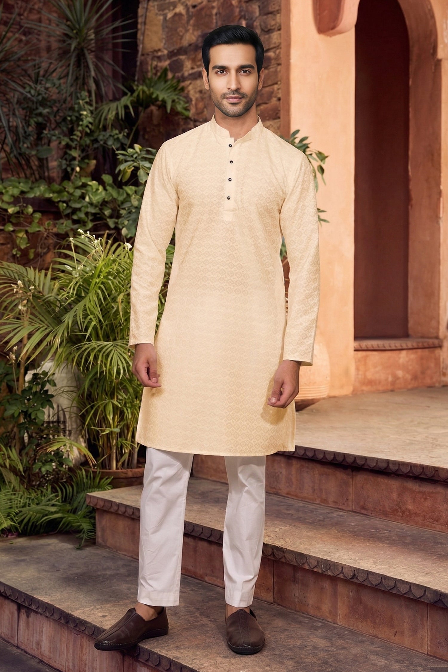 Men's Cotton Cream Designer Embroidery Work Kurta with payjama