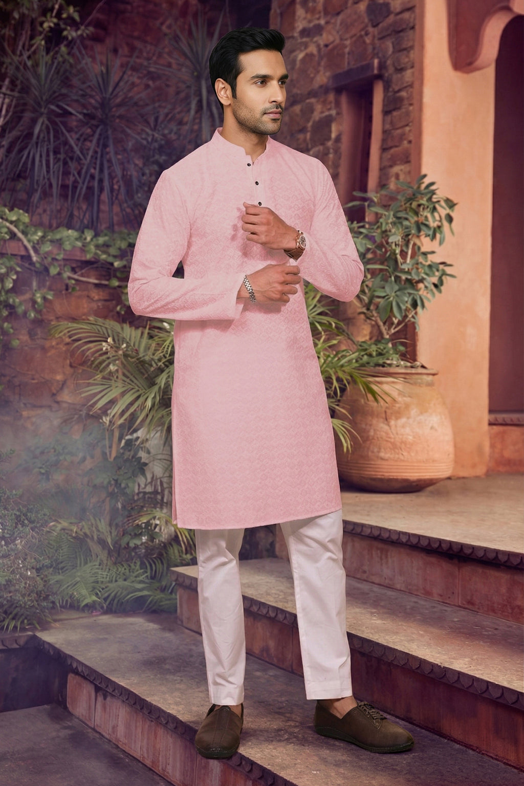 Men's Cotton Cream Designer Embroidery Work Kurta with payjama