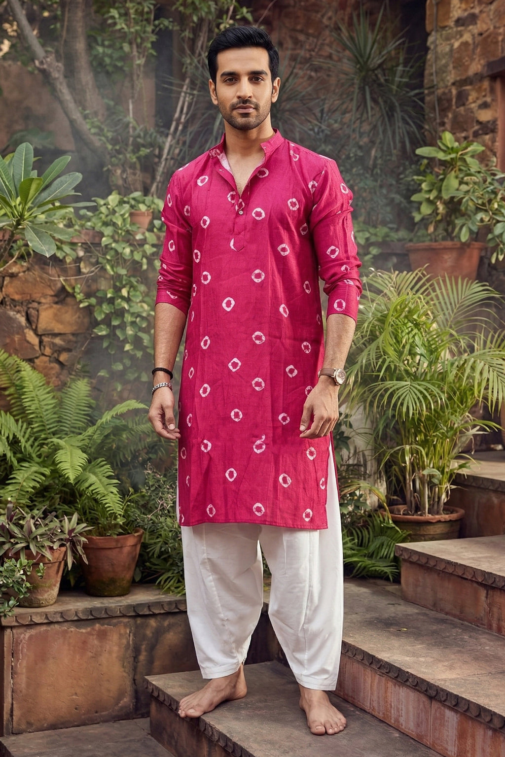 Men's Viscose  Cream Designer Printed Kurta with payjama