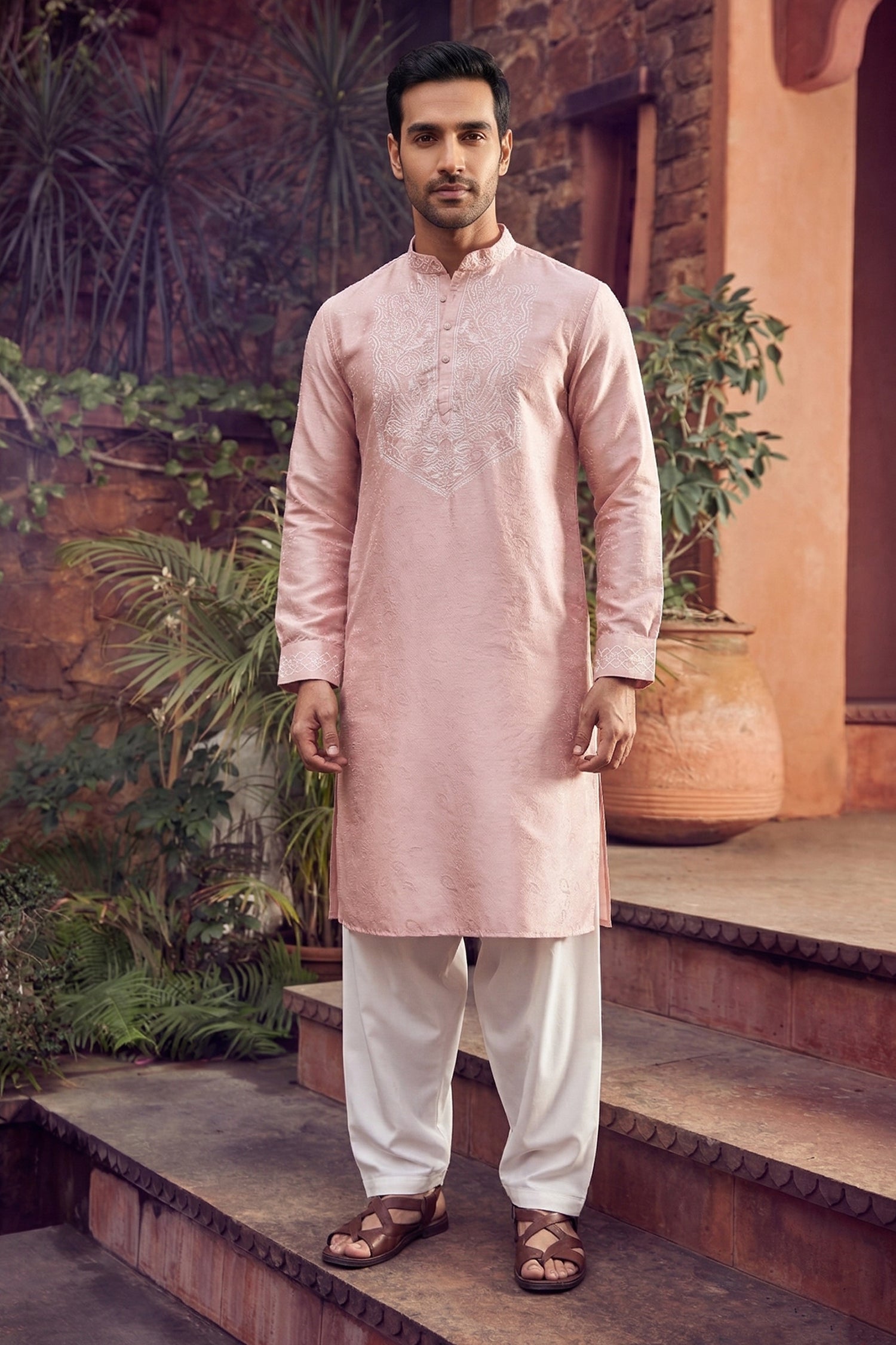 Men's Viscose Cream Woven, Embroidery Work Kurta with payjama