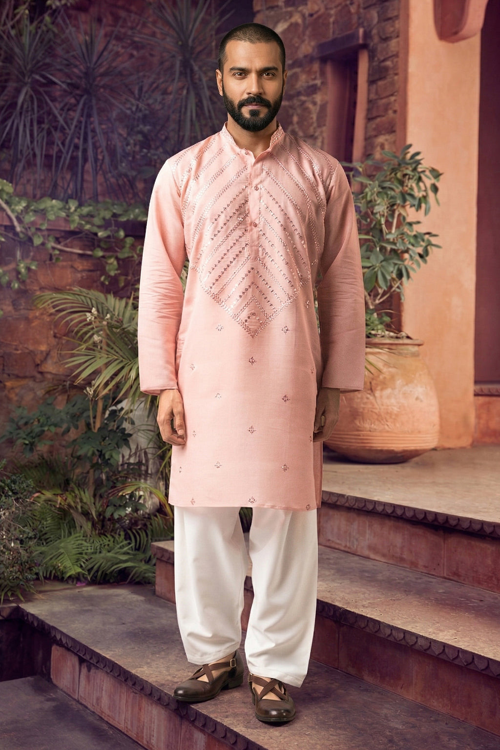 Men's Viscose Cream Woven, Embroidery Work Kurta with payjama