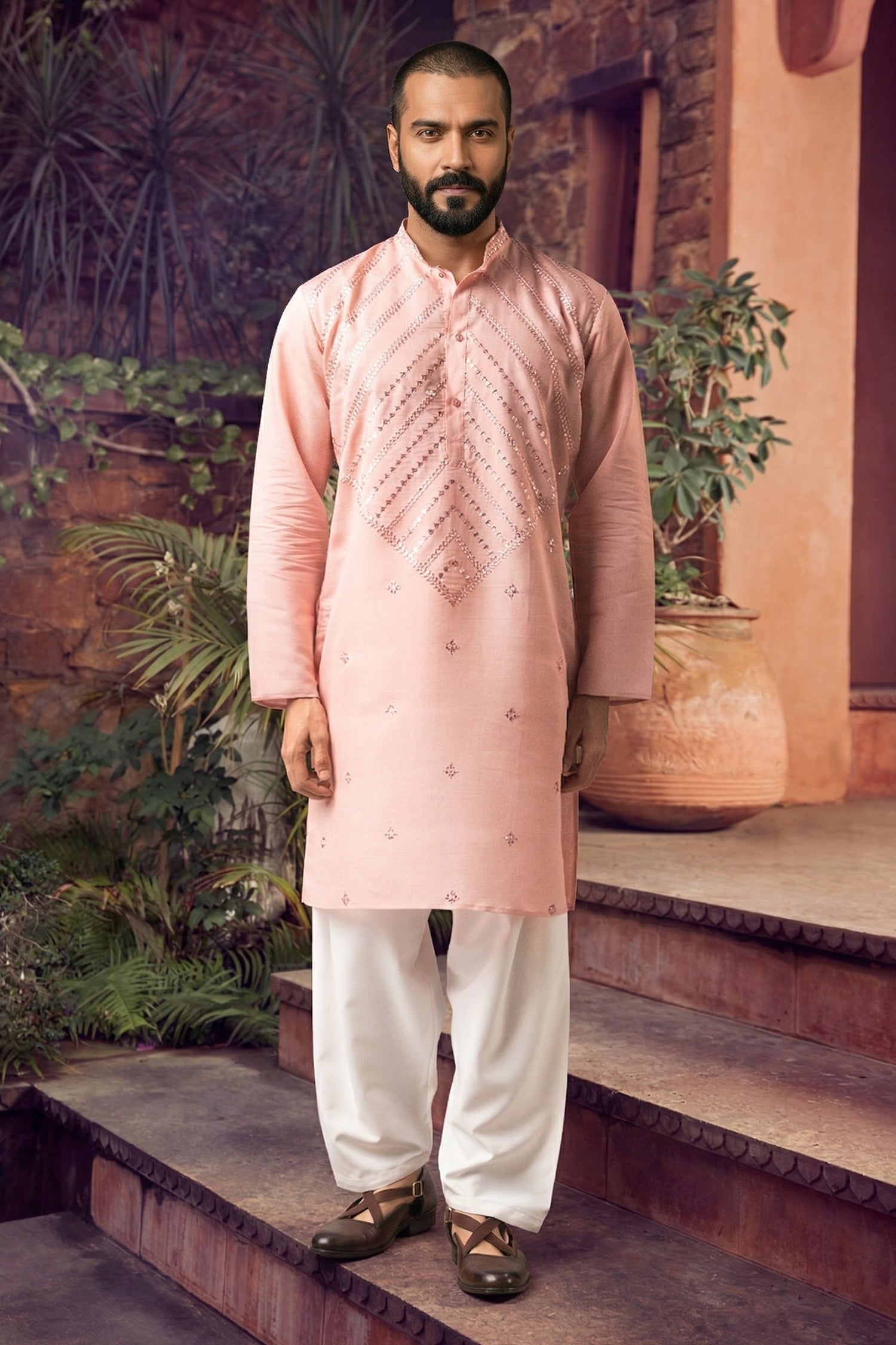 Men's Viscose Cream Woven, Embroidery Work Kurta with payjama