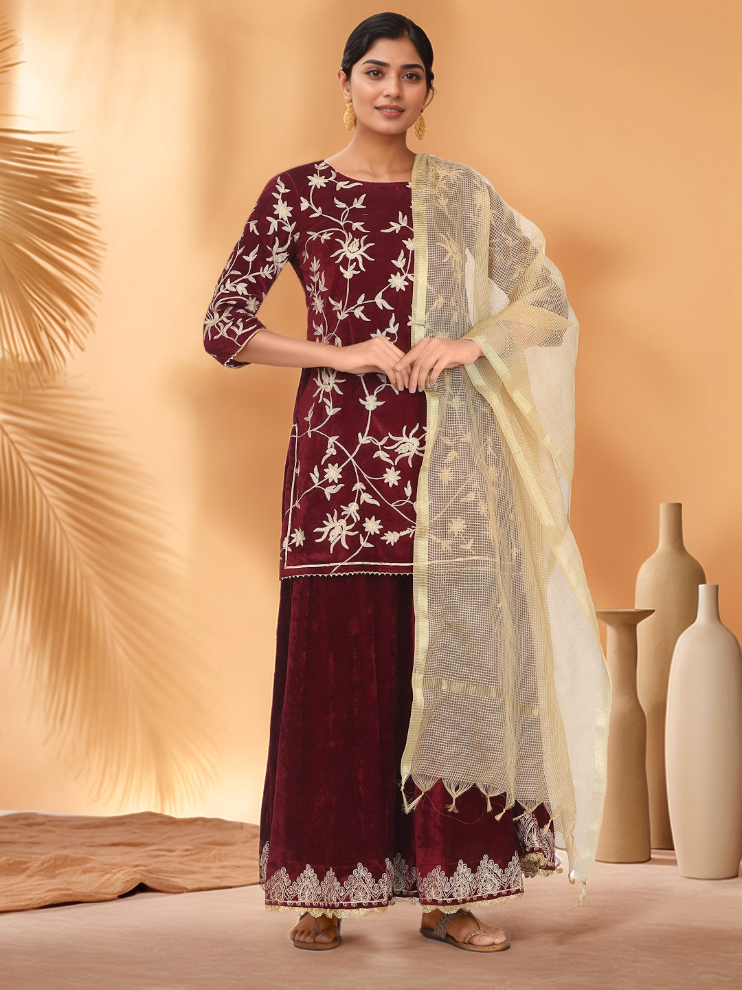 Women Maroon Velvet Lehenga Set