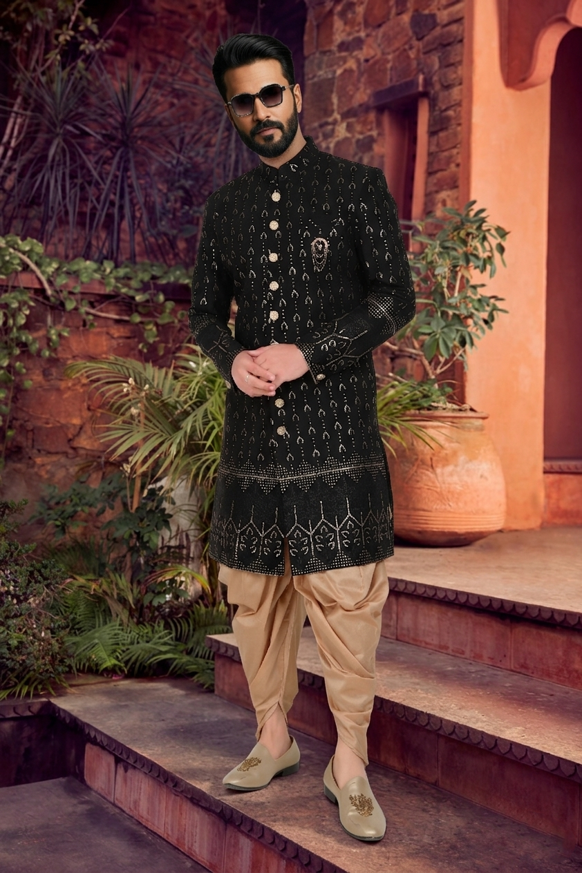 Men's SILK BLACK  SEMI-INDO-WESTERN