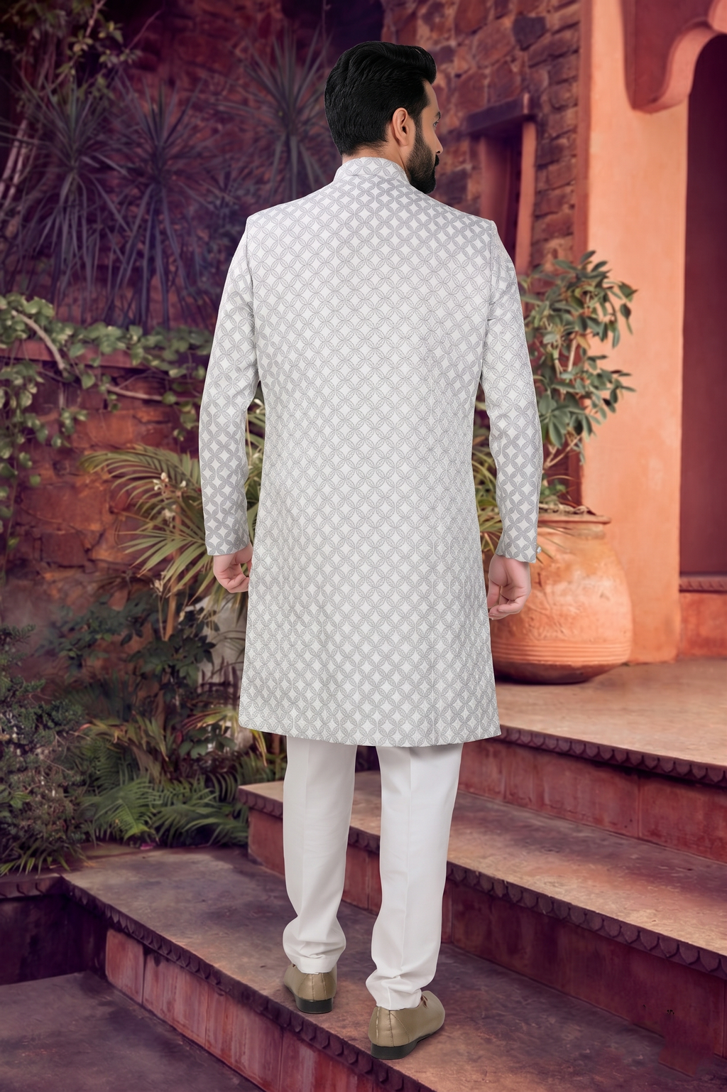 Men's WOVEN JACQUARD GREY  SEMI-INDO-WESTERN