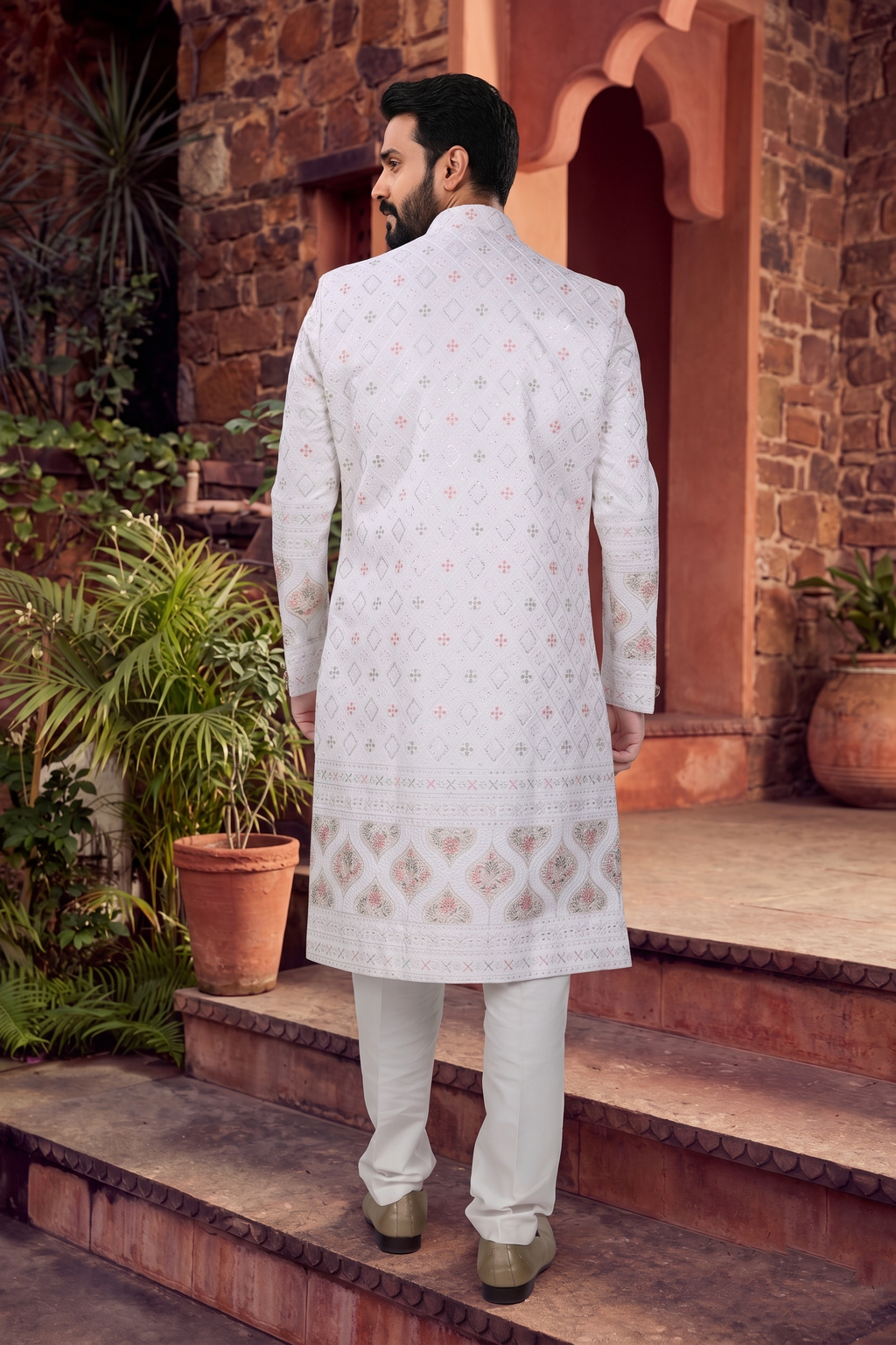 Men's SILK WHITE(MULTI COLOURS EMBROIDARY)  SHERWANI