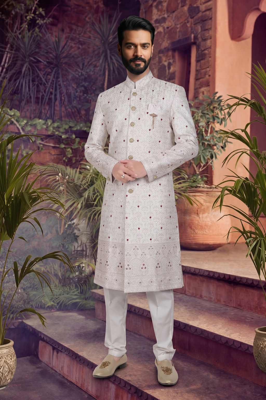 Men's SILK OFF-WHITE(MAROON AND GOLD EMBROIDARY)  SHERWANI