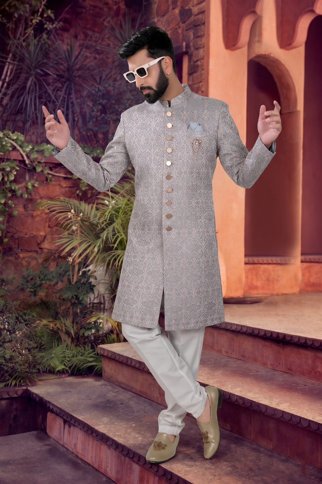 Men's WOVEN JACQUARD GREY  SEMI-INDO-WESTERN